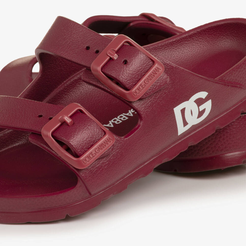 Dolce & Gabbana-Burgundy Red Double Strap Sliders with DG Logo | Childrensalon