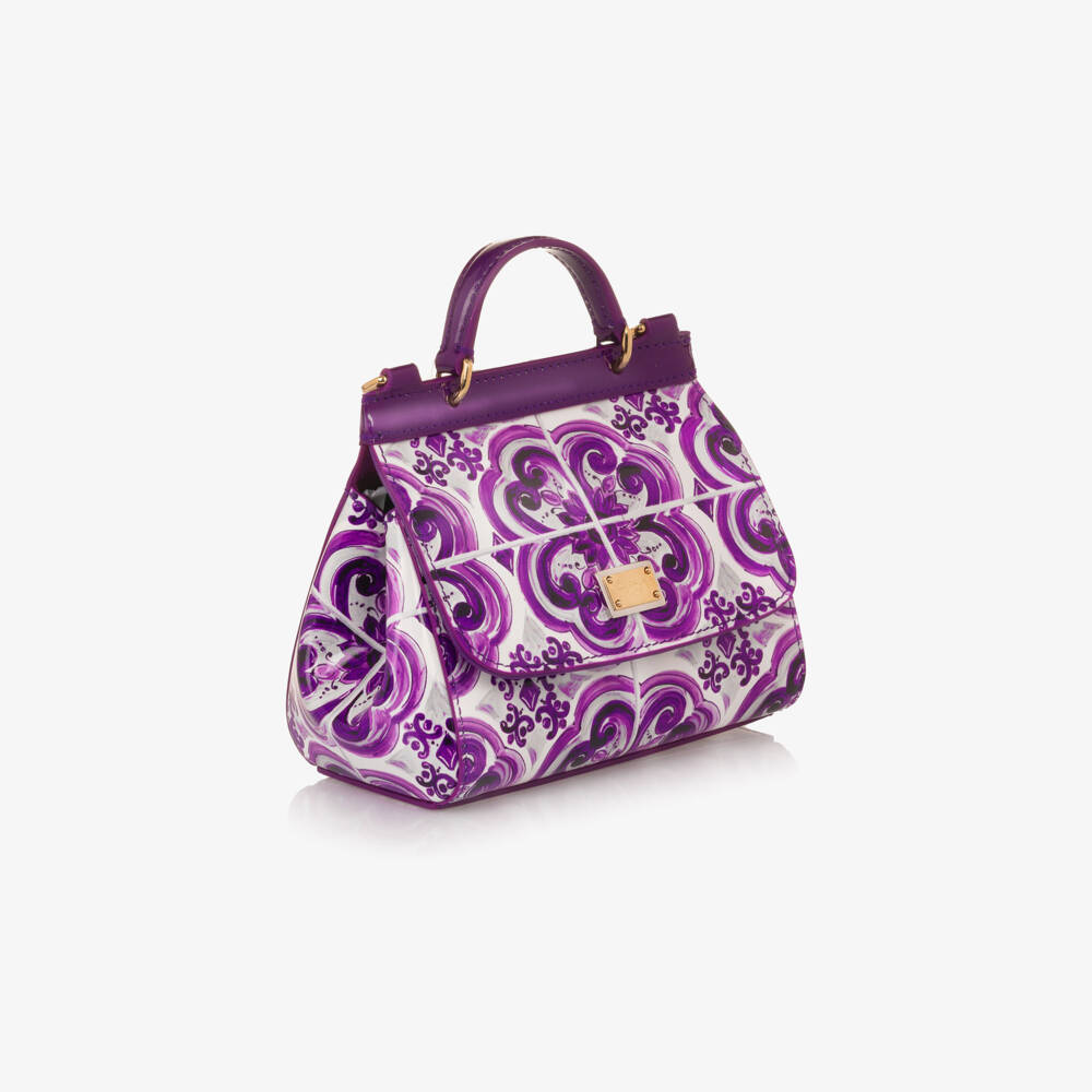 Dolce & Gabbana-Gils Purple Majolica Print Patent Leather Handbag (14cm) | Childrensalon