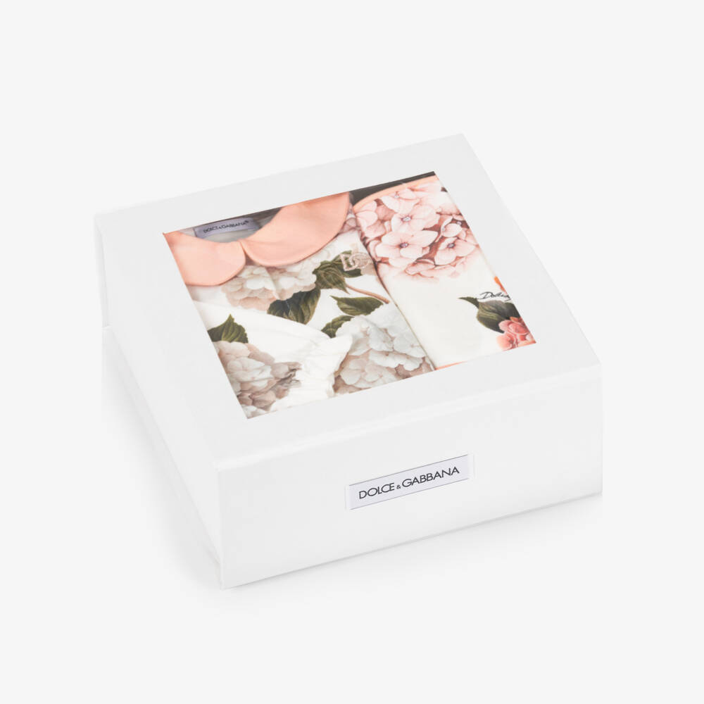 Dolce & Gabbana-طقم أفارول قطن بطبعة ورود لون أبيض وزهري للبنات الرضع | Childrensalon