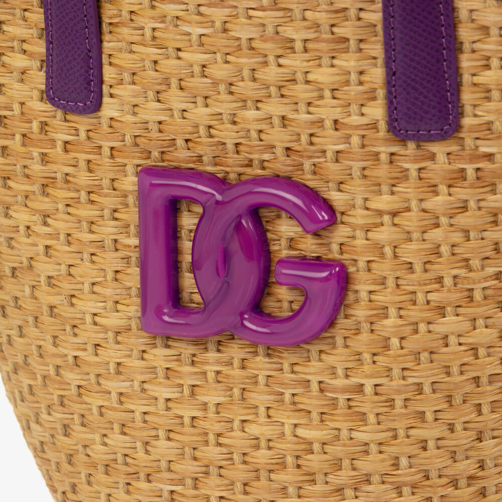 Dolce & Gabbana-Girls Beige Basket Handbag with Purple Majolica Print (28cm) | Childrensalon