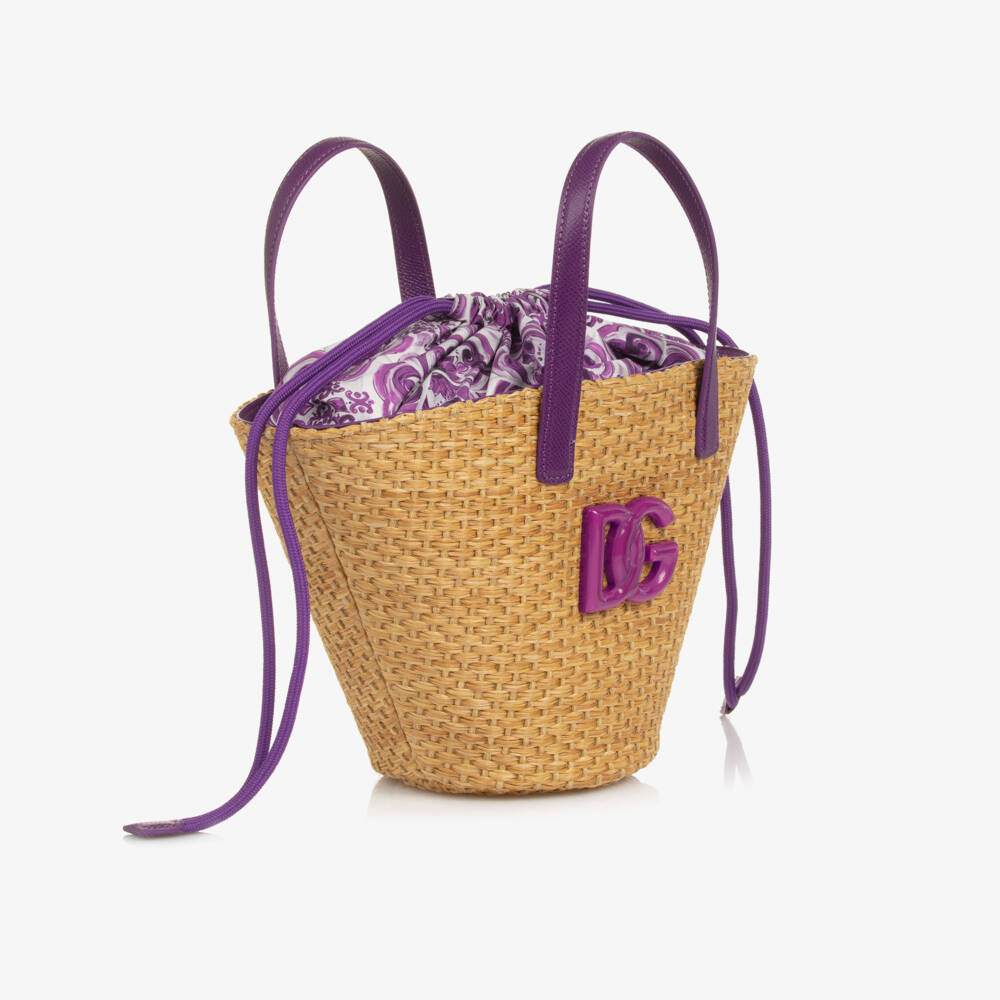 Dolce & Gabbana-Girls Beige Basket Handbag with Purple Majolica Print (28cm) | Childrensalon
