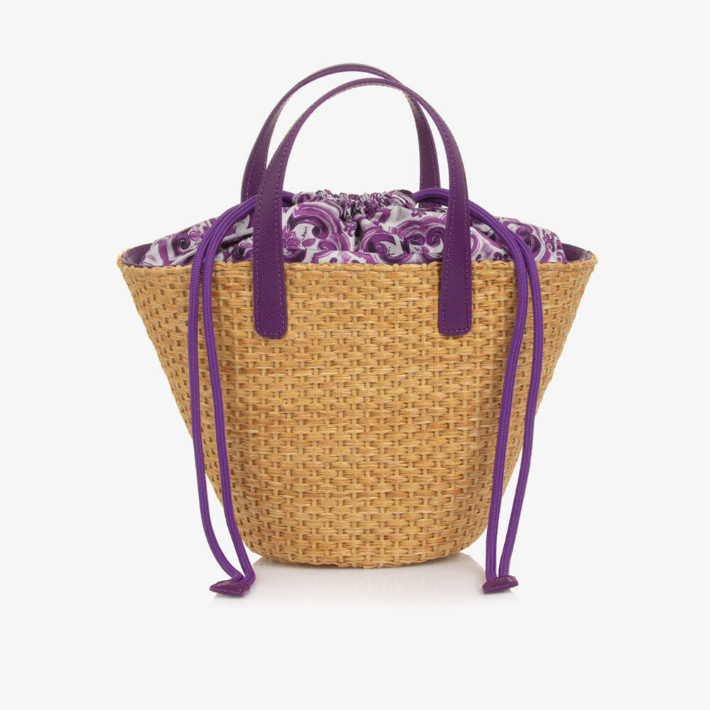 Dolce & Gabbana-Girls Beige Basket Handbag with Purple Majolica Print (28cm) | Childrensalon