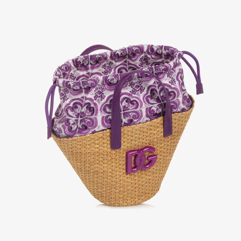 Dolce & Gabbana-Girls Beige Basket Handbag with Purple Majolica Print (28cm) | Childrensalon