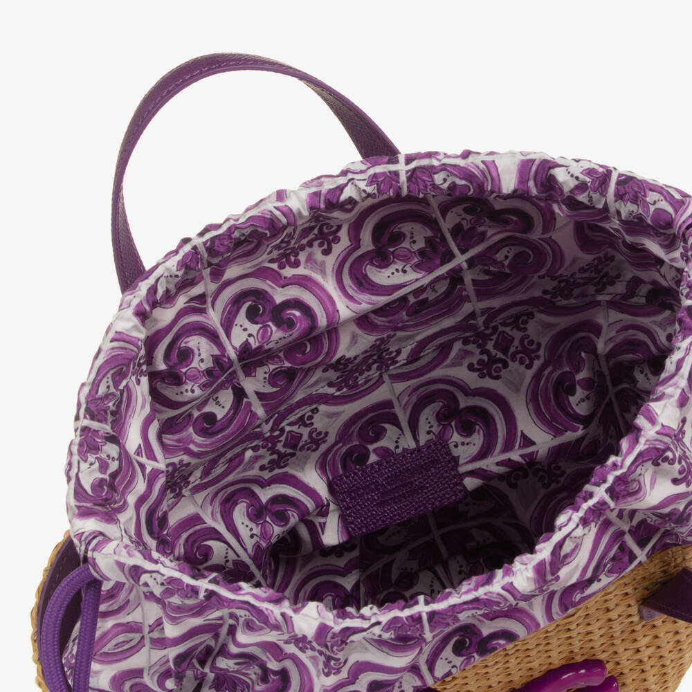 Dolce & Gabbana-Girls Beige Basket Handbag with Purple Majolica Print (28cm) | Childrensalon
