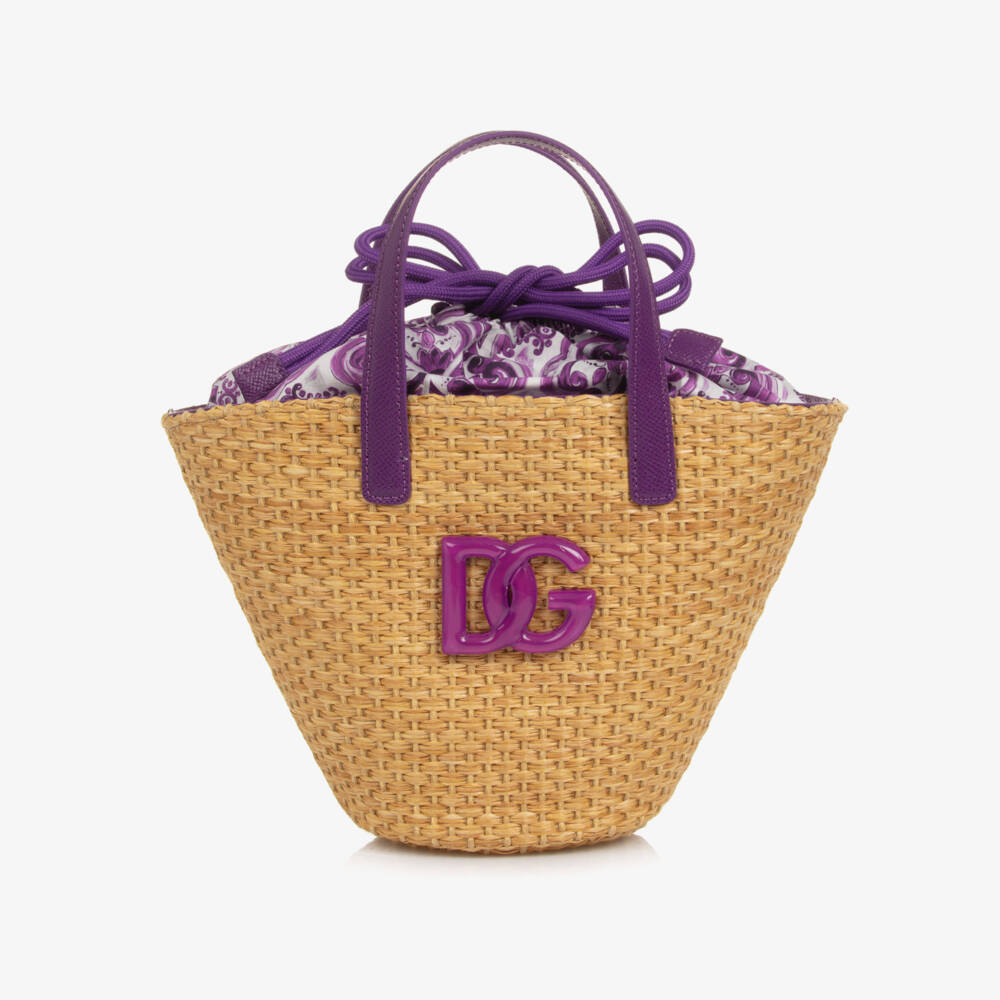 Dolce & Gabbana-Girls Beige Basket Handbag with Purple Majolica Print (28cm) | Childrensalon