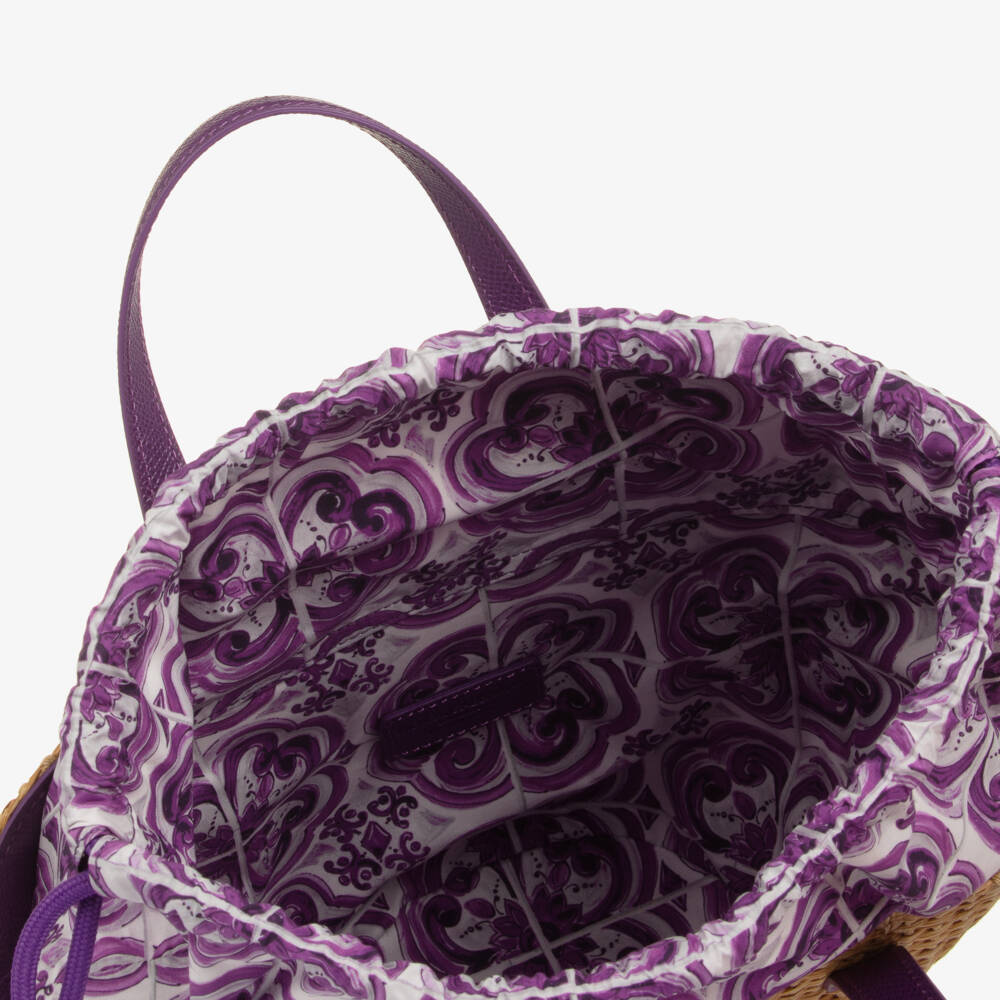 Dolce & Gabbana-Girls Beige Basket Handbag with Purple Majolica Print (28cm) | Childrensalon