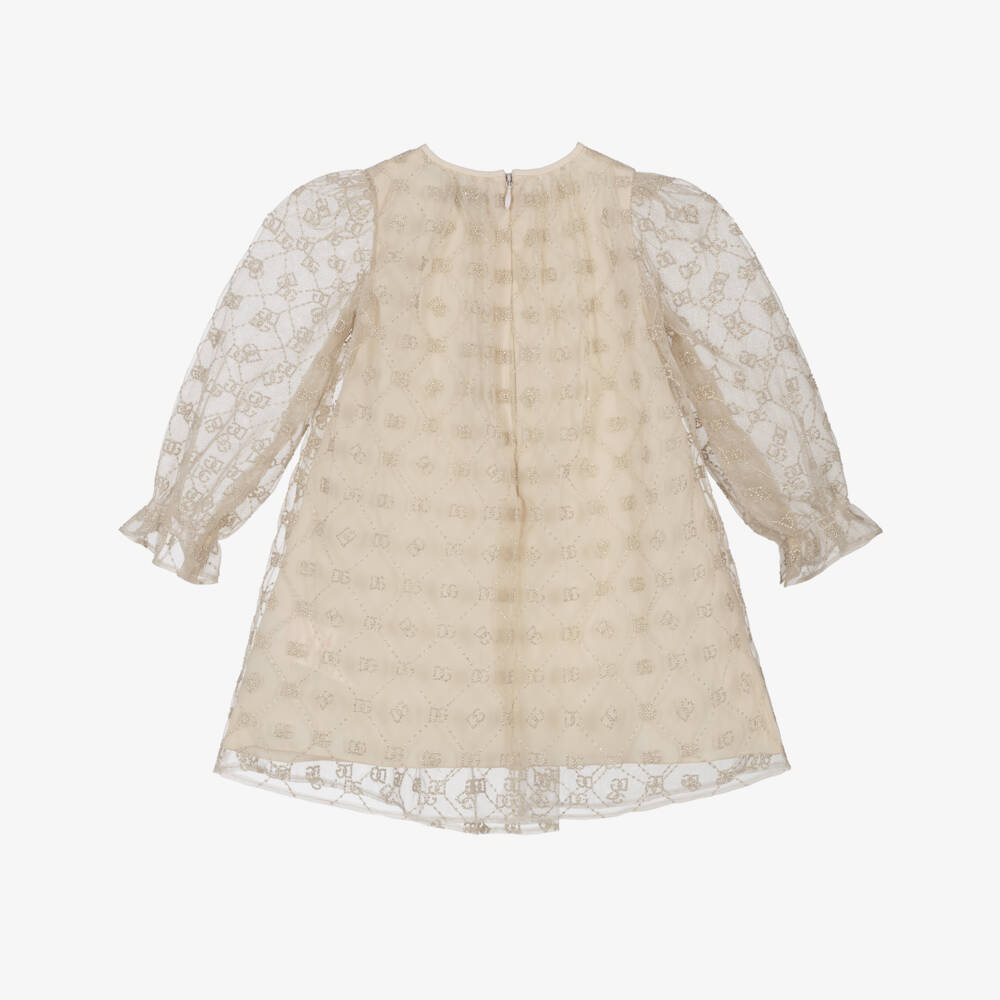 Dolce & Gabbana-Girls Beige & Gold Tulle Dress with DG Embroidery | Childrensalon
