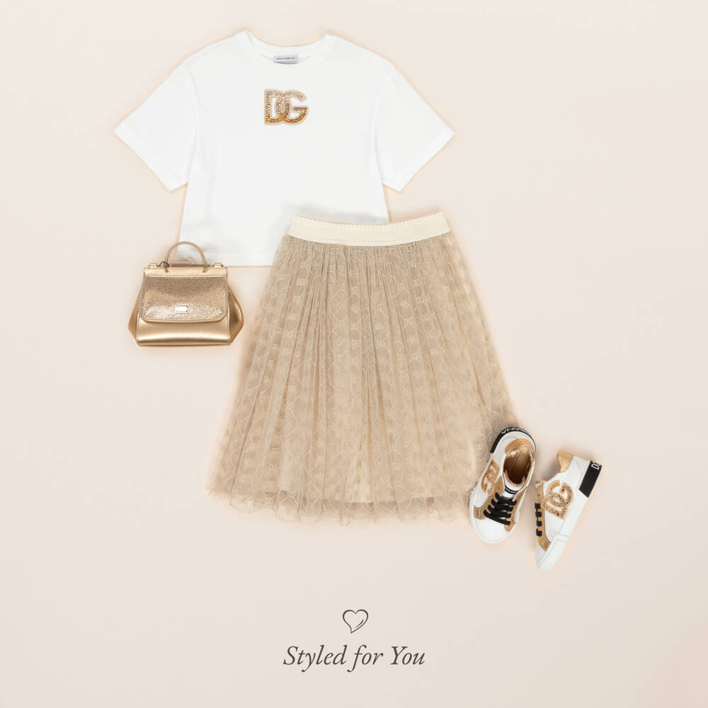 Dolce & Gabbana-تنورة تول بتطريز DG لون بيج وذهبي للبنات | Childrensalon