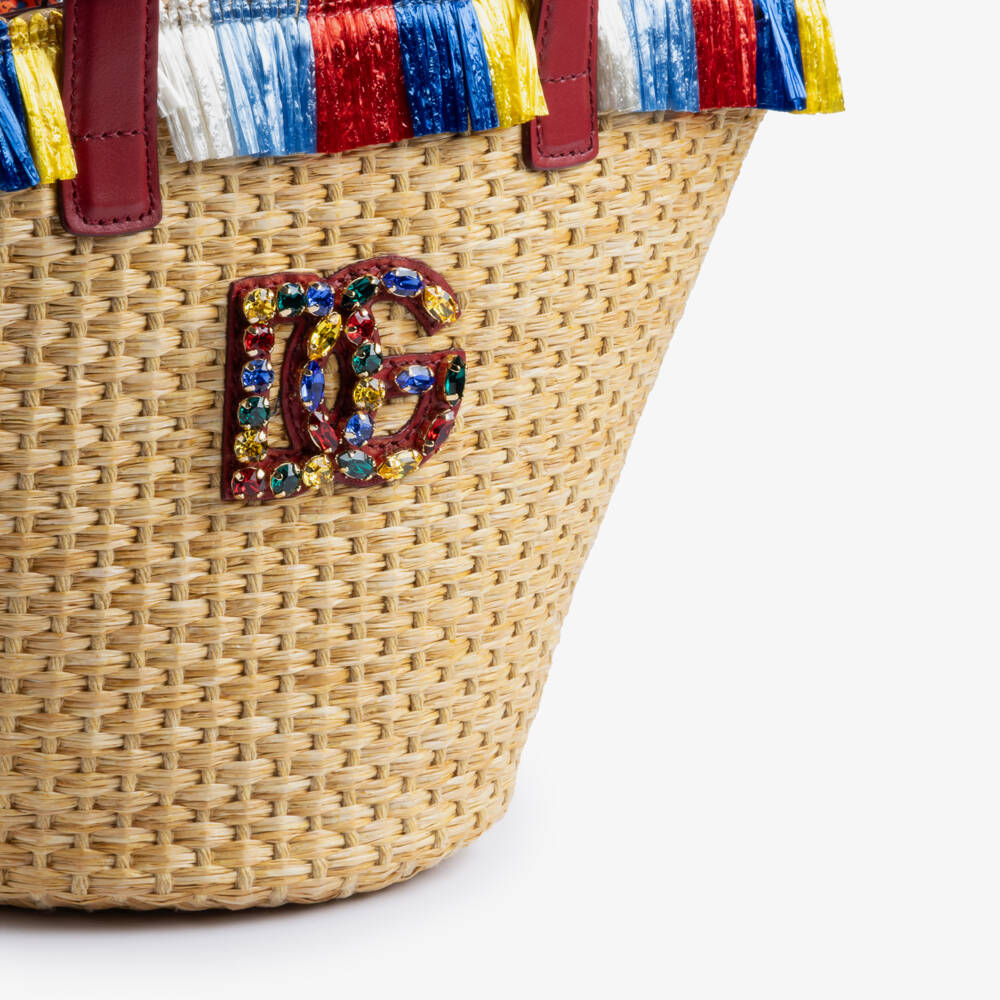 Dolce & Gabbana-Girls Beige Raffia Bag with DG Logo (34cm) | Childrensalon