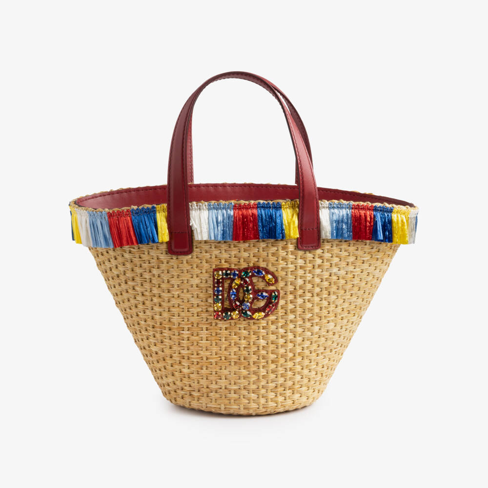 Dolce & Gabbana-Girls Beige Raffia Bag with DG Logo (34cm) | Childrensalon