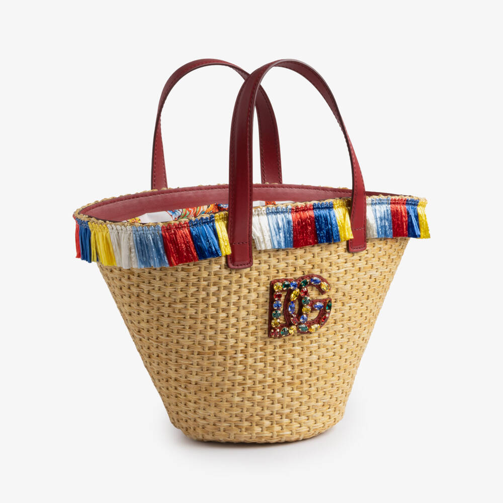Dolce & Gabbana-Girls Beige Raffia Bag with DG Logo (34cm) | Childrensalon