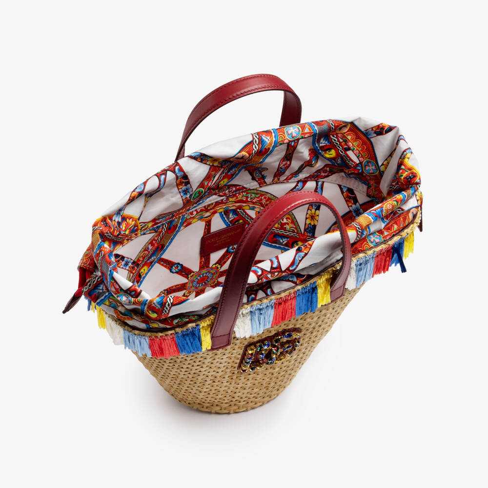 Dolce & Gabbana-Girls Beige Raffia Bag with DG Logo (34cm) | Childrensalon