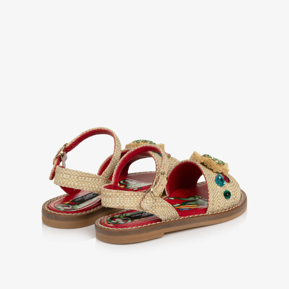 Dolce & Gabbana-Girls Beige Raffia Carretto Sandals | Childrensalon