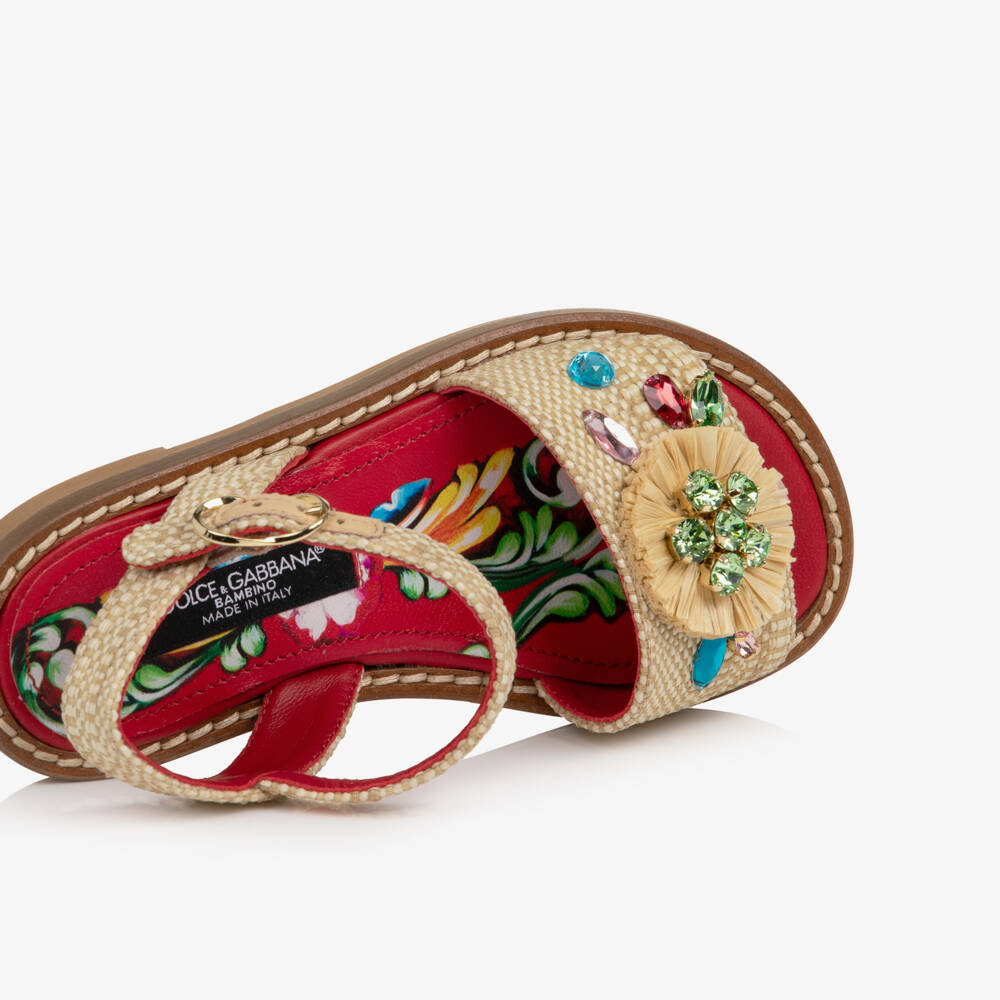 Dolce & Gabbana-Girls Beige Raffia Carretto Sandals | Childrensalon