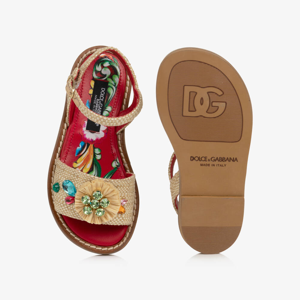 Dolce & Gabbana-Girls Beige Raffia Carretto Sandals | Childrensalon