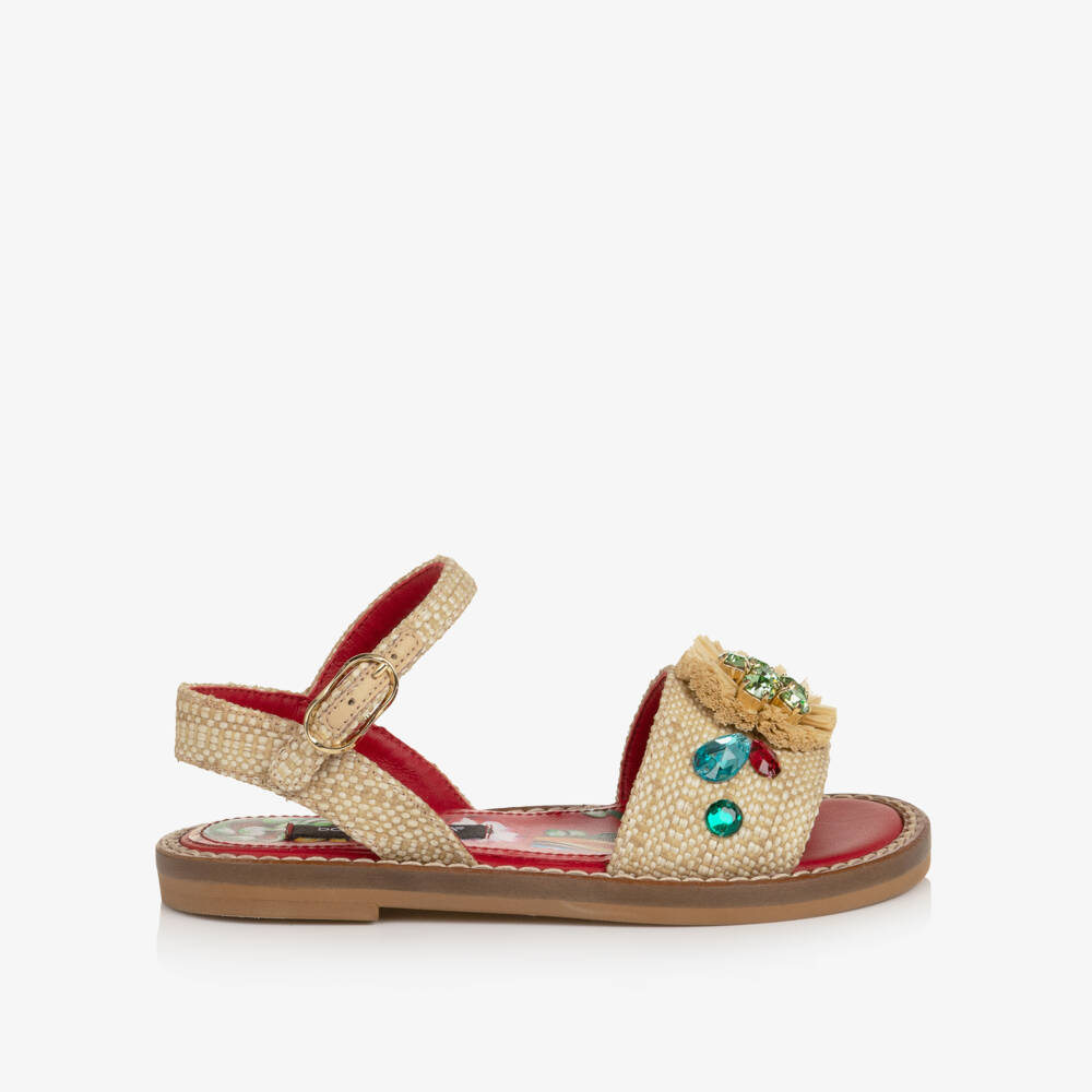 Dolce & Gabbana-Girls Beige Raffia Carretto Sandals | Childrensalon