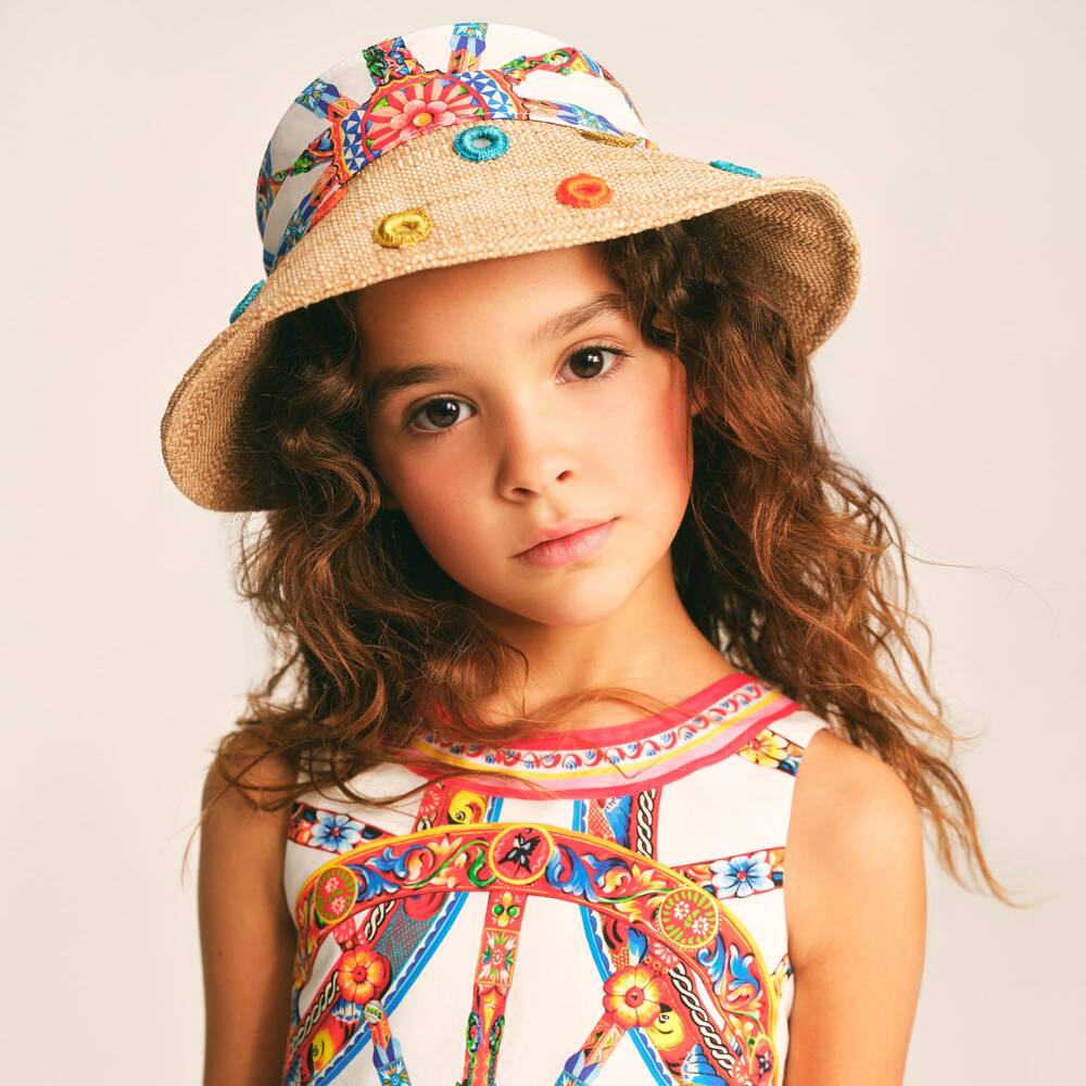 Dolce & Gabbana-Girls Beige Raffia Hat with Carretto Print | Childrensalon