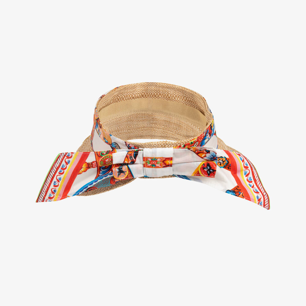 Dolce & Gabbana-Girls Beige Raffia Hat with Carretto Print | Childrensalon