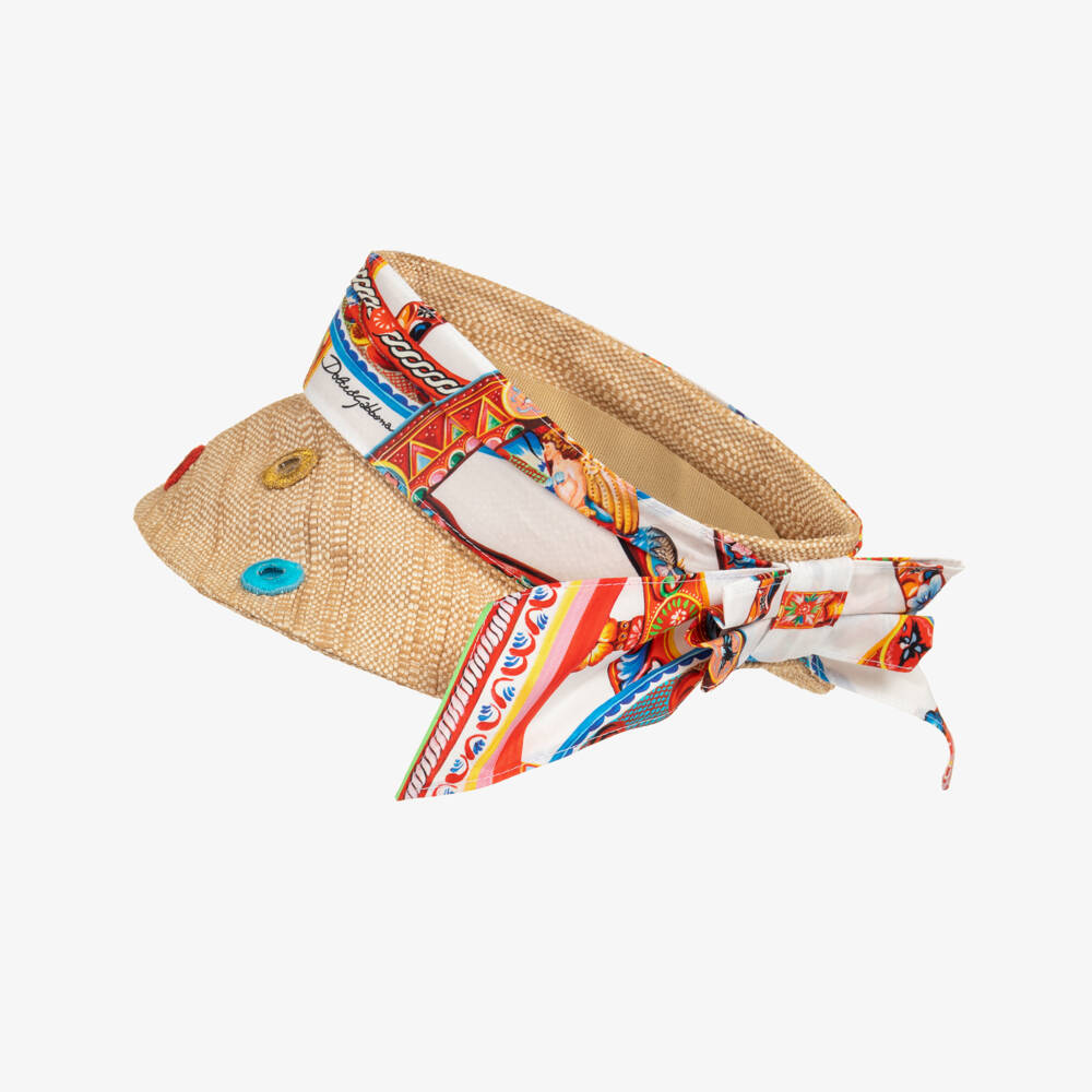 Dolce & Gabbana-Girls Beige Raffia Hat with Carretto Print | Childrensalon