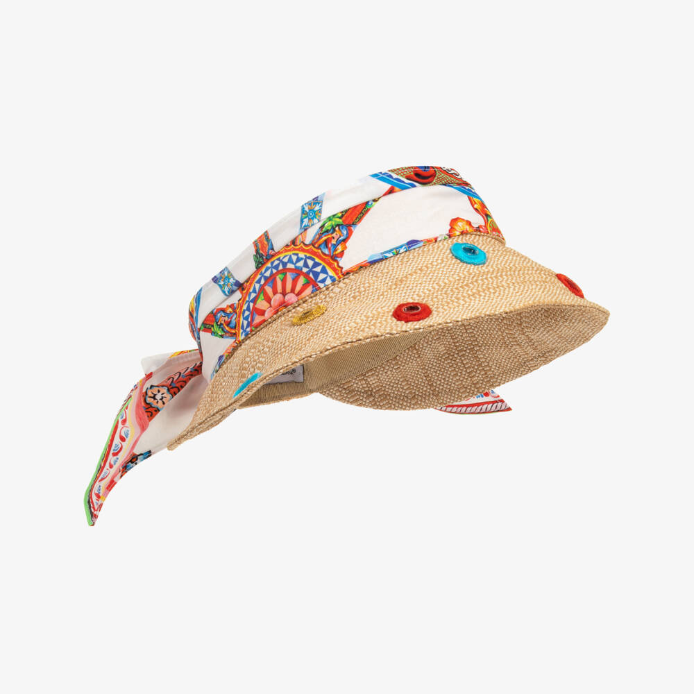 Dolce & Gabbana-Girls Beige Raffia Hat with Carretto Print | Childrensalon