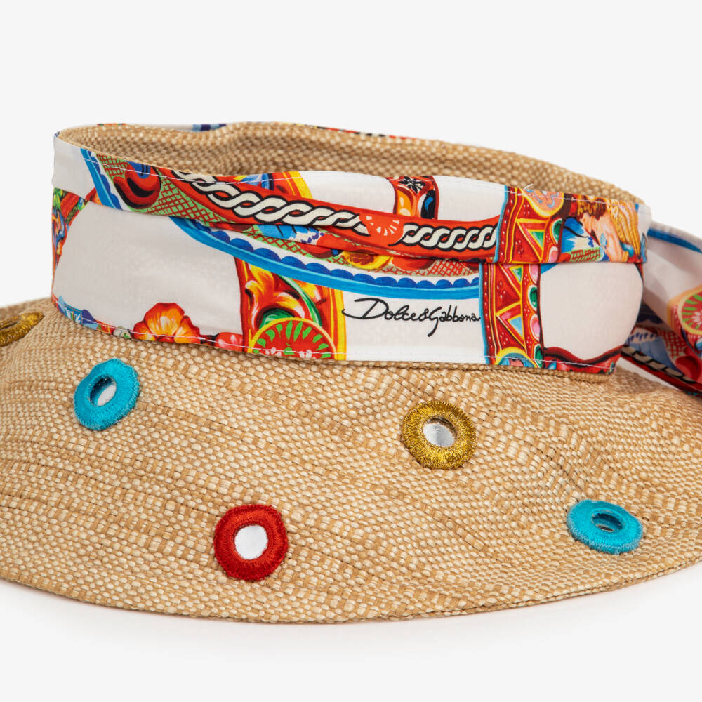 Dolce & Gabbana-Girls Beige Raffia Hat with Carretto Print | Childrensalon