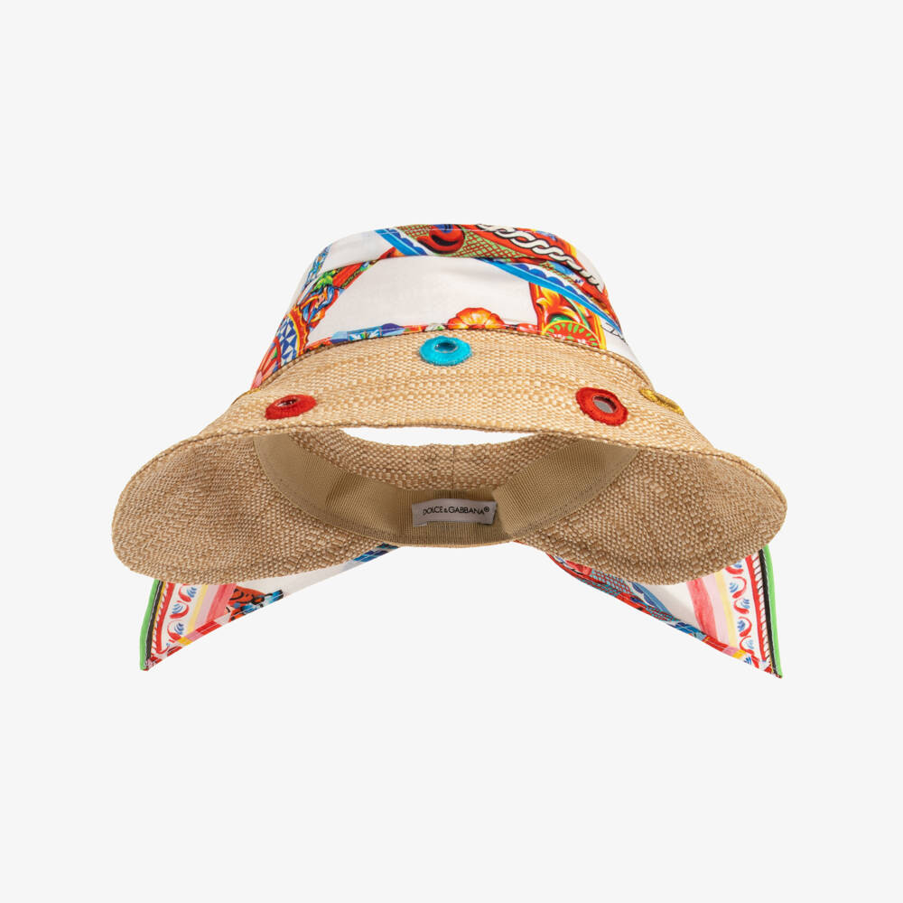 Dolce & Gabbana-Girls Beige Raffia Hat with Carretto Print | Childrensalon