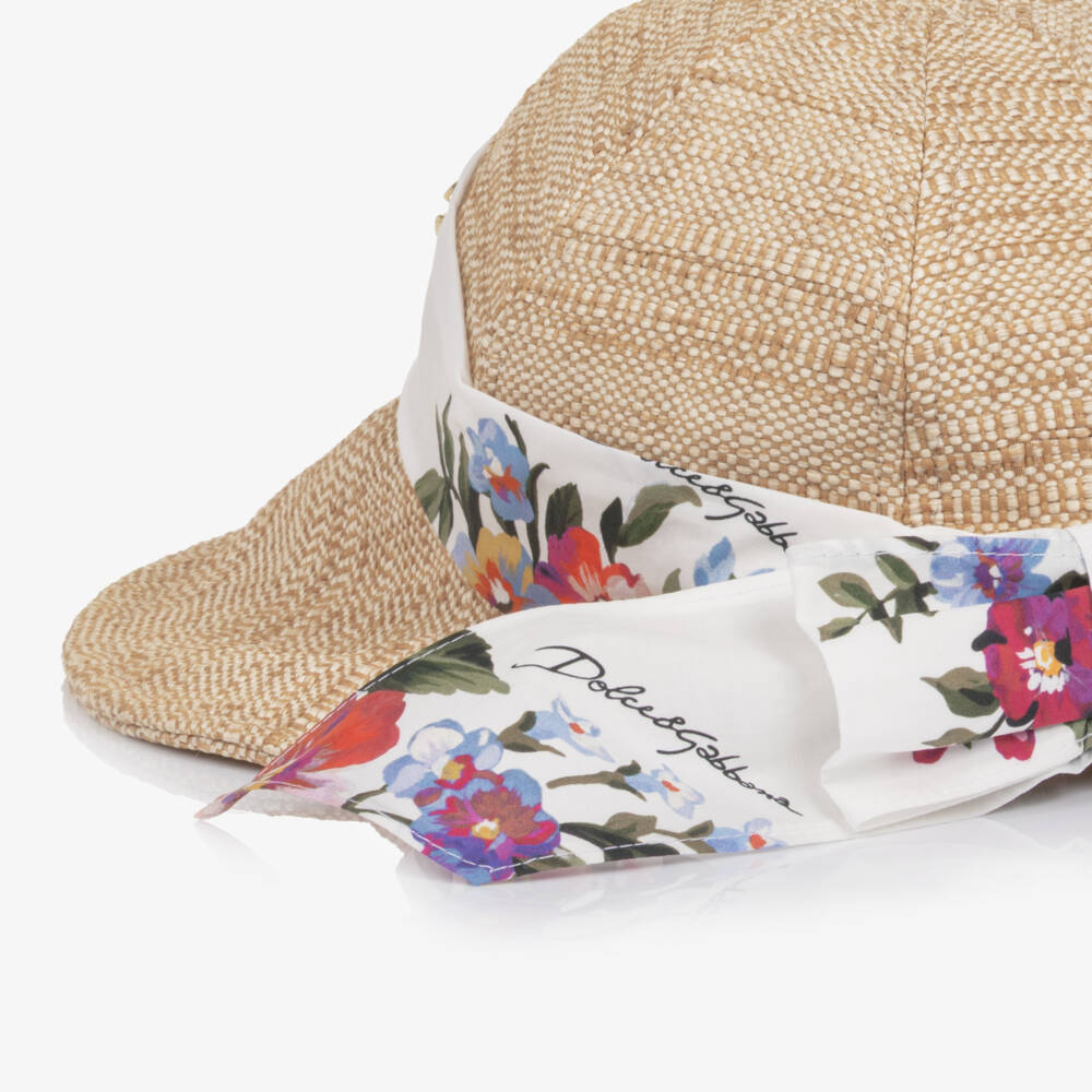 Dolce & Gabbana-Girls Beige Raffia Sun Hat with Floral Print Band | Childrensalon