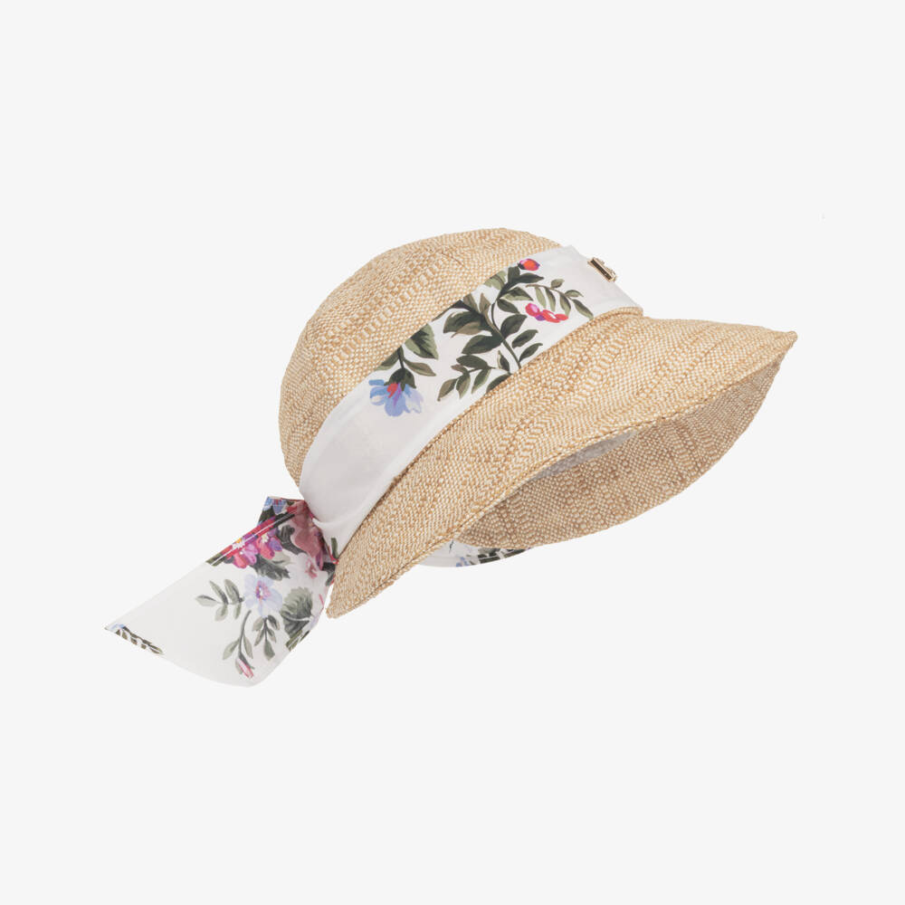 Dolce & Gabbana-Girls Beige Raffia Sun Hat with Floral Print Band | Childrensalon