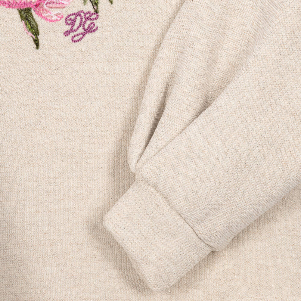 Dolce & Gabbana-Girls Beige Sparkly Sweatshirt with Peony Motif | Childrensalon