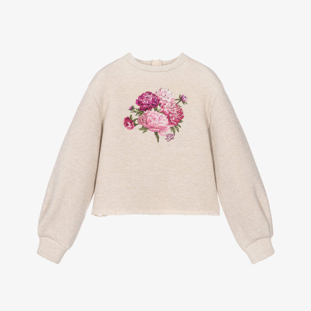 Dolce & Gabbana-Girls Beige Sparkly Sweatshirt with Peony Motif | Childrensalon