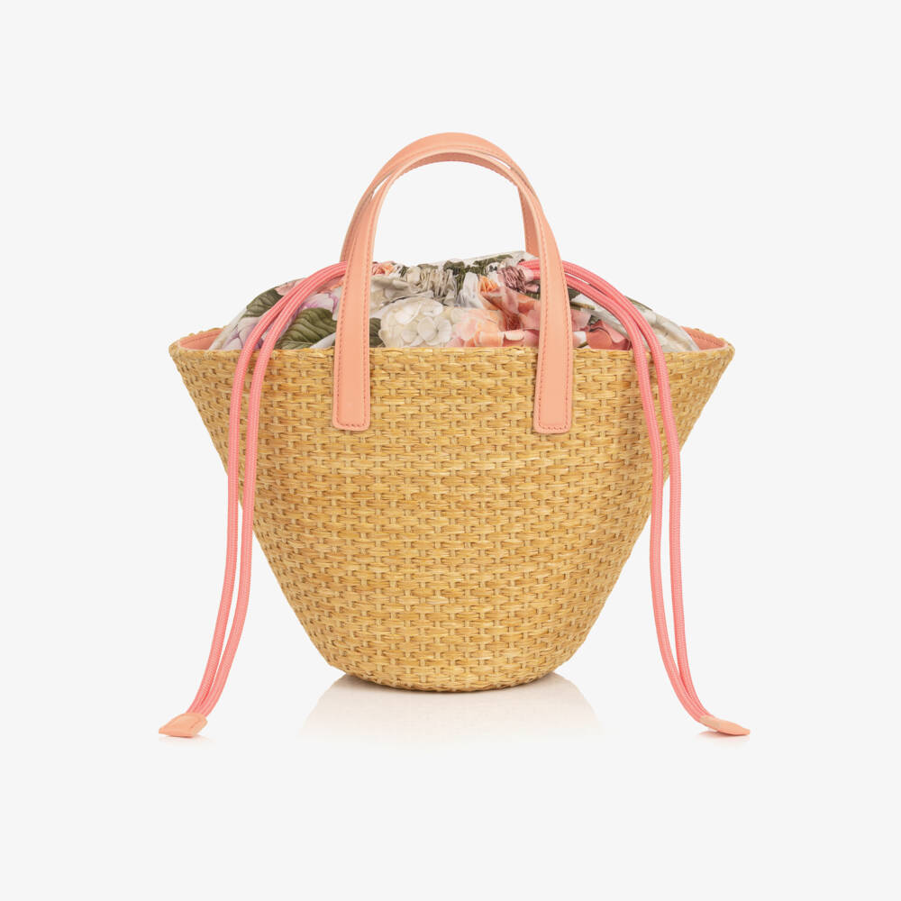 Dolce & Gabbana-Girls Beige Straw & Pink Hydrangea Print Basket Bag (29cm) | Childrensalon