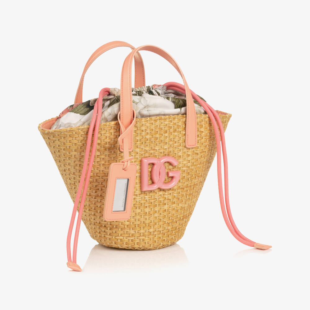 Dolce & Gabbana-Girls Beige Straw & Pink Hydrangea Print Basket Bag (29cm) | Childrensalon