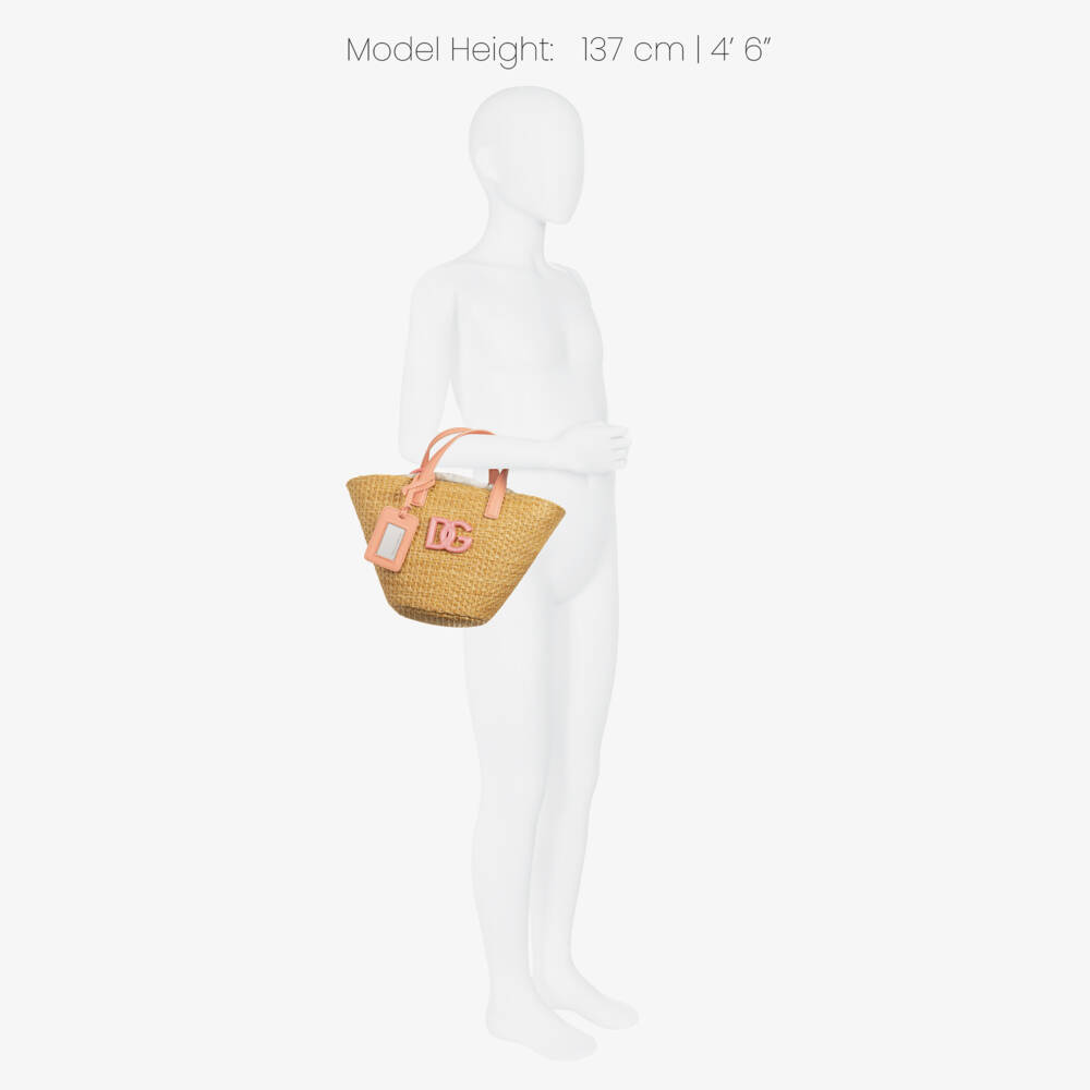 Dolce & Gabbana-Girls Beige Straw & Pink Hydrangea Print Basket Bag (29cm) | Childrensalon
