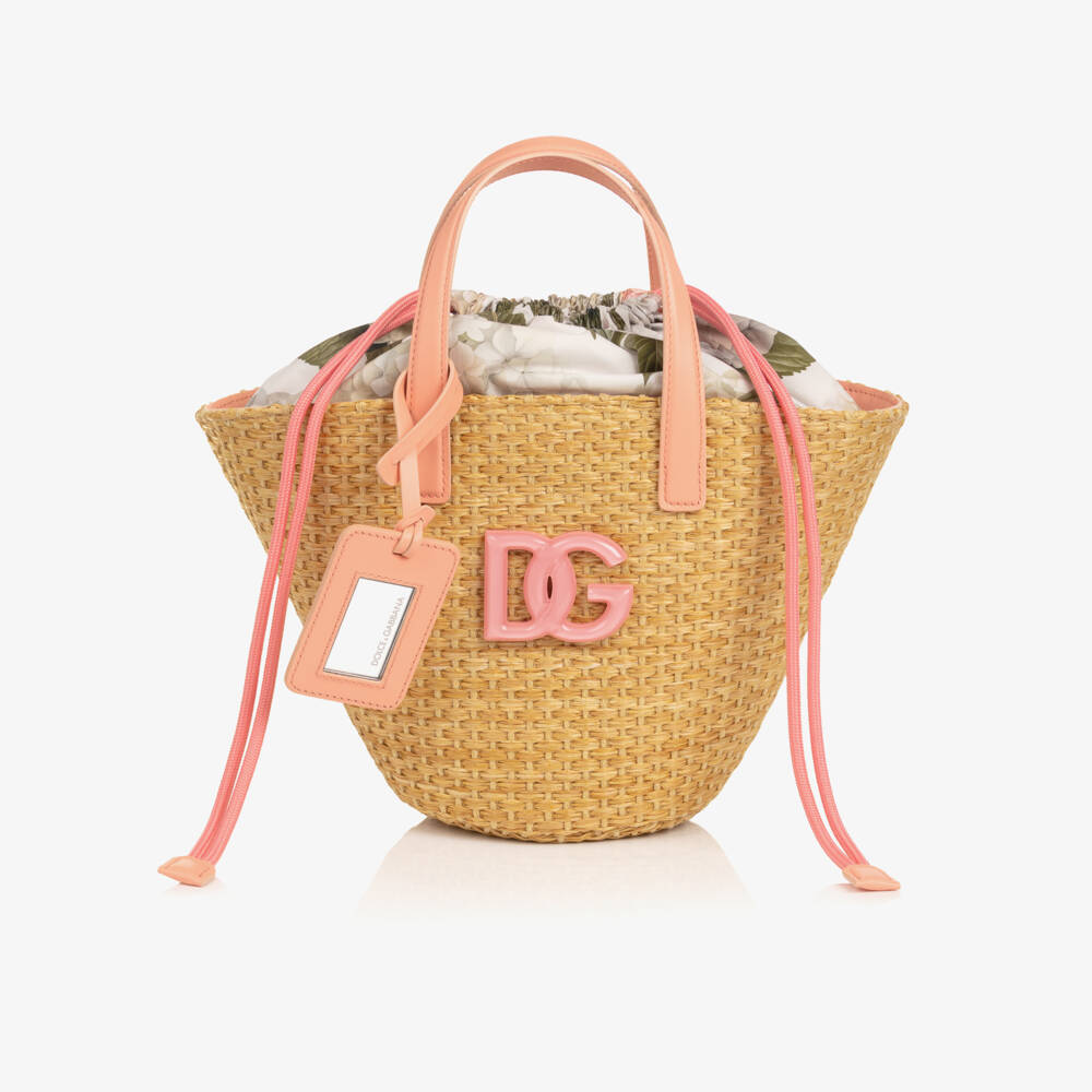 Dolce & Gabbana-Girls Beige Straw & Pink Hydrangea Print Basket Bag (29cm) | Childrensalon