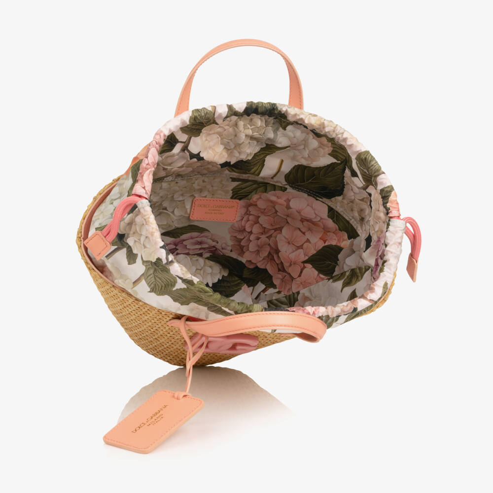 Dolce & Gabbana-Girls Beige Straw & Pink Hydrangea Print Basket Bag (29cm) | Childrensalon