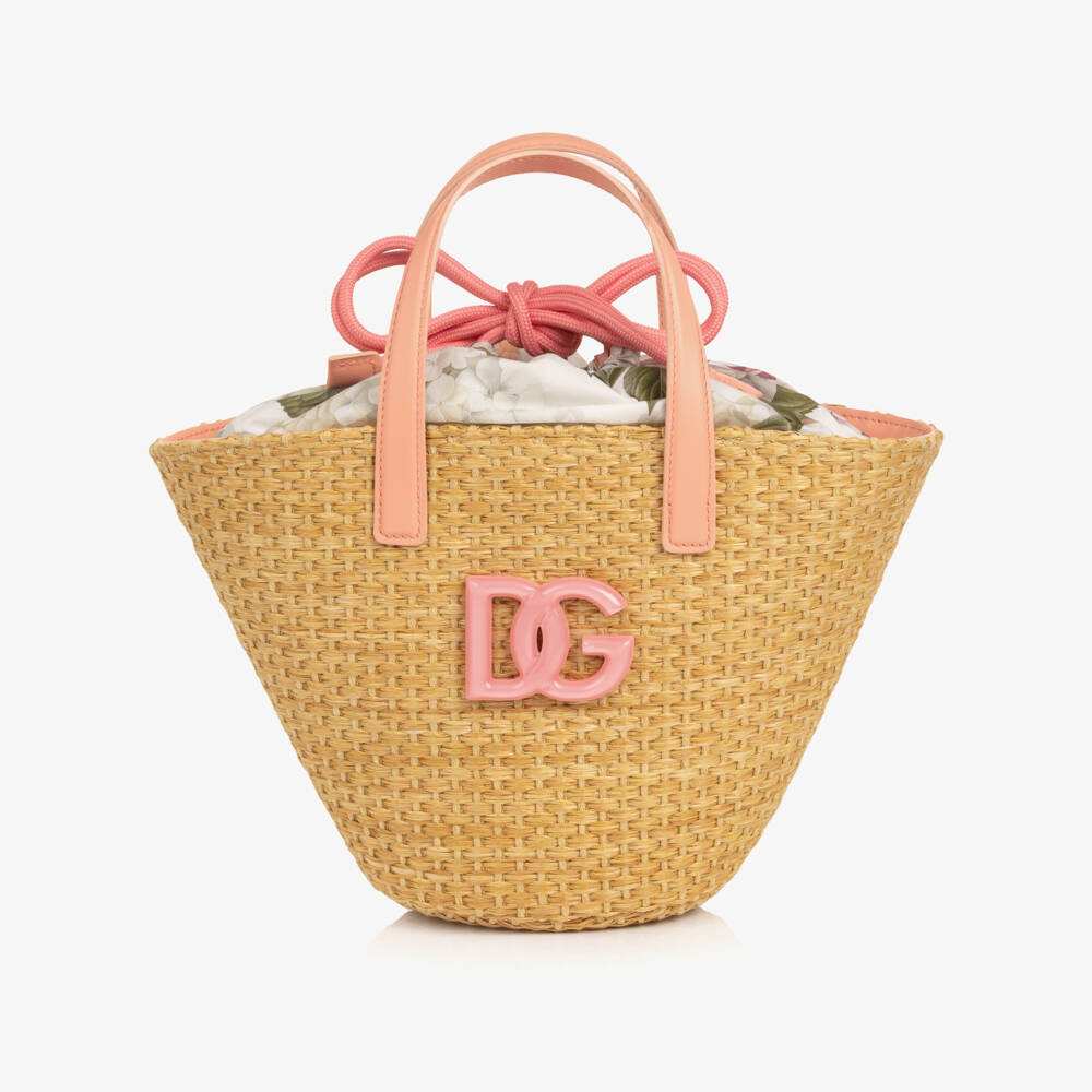 Dolce & Gabbana-Girls Beige Straw & Pink Hydrangea Print Basket Bag (29cm) | Childrensalon