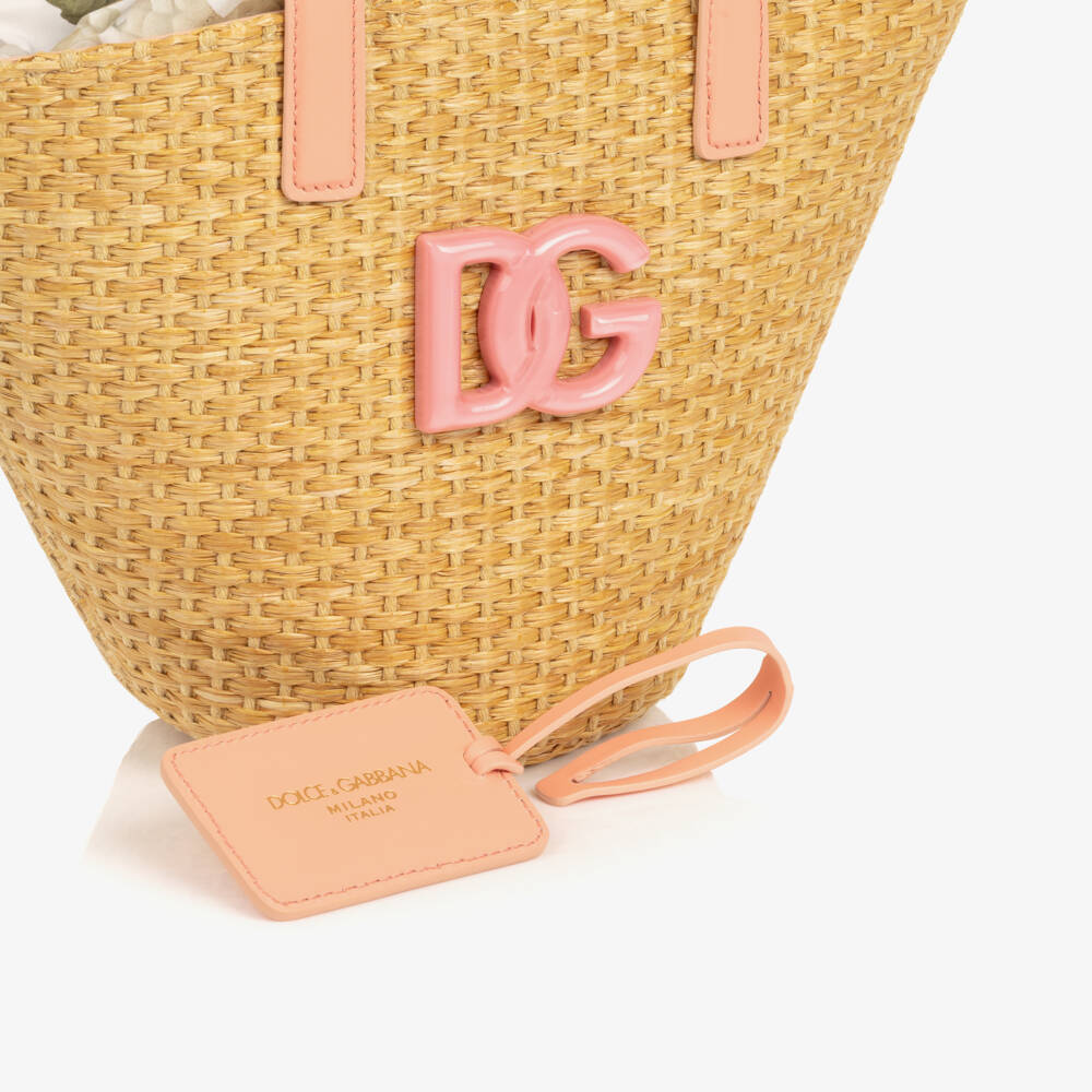 Dolce & Gabbana-Girls Beige Straw & Pink Hydrangea Print Basket Bag (29cm) | Childrensalon