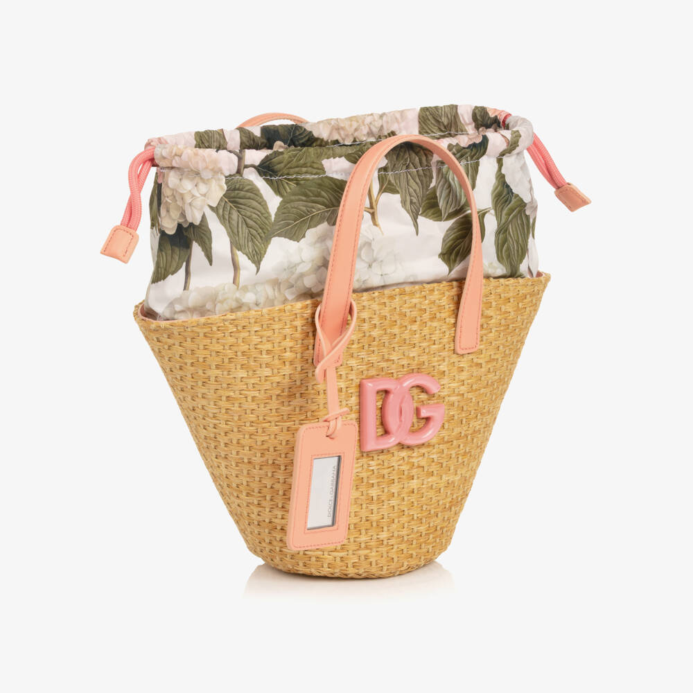 Dolce & Gabbana-Girls Beige Straw & Pink Hydrangea Print Basket Bag (29cm) | Childrensalon