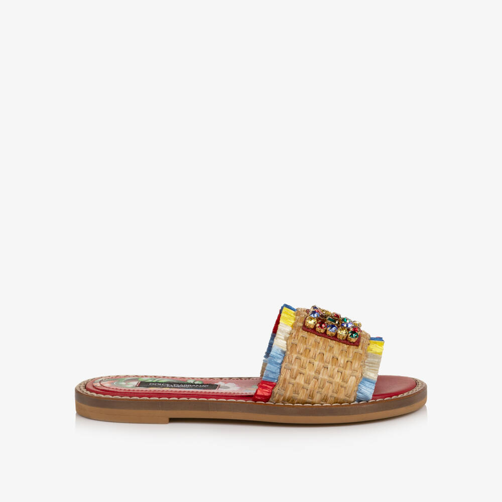 Dolce & Gabbana-Girls Beige Straw Sliders with Jewelled DG Logo | Childrensalon