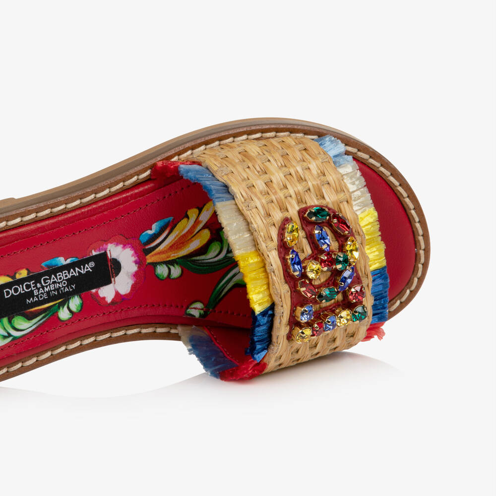 Dolce & Gabbana-Girls Beige Straw Sliders with Jewelled DG Logo | Childrensalon