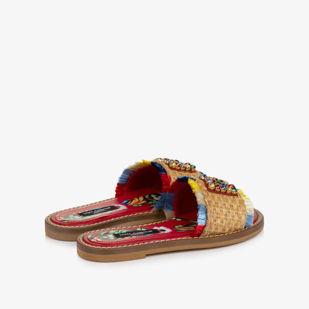Dolce & Gabbana-Girls Beige Straw Sliders with Jewelled DG Logo | Childrensalon