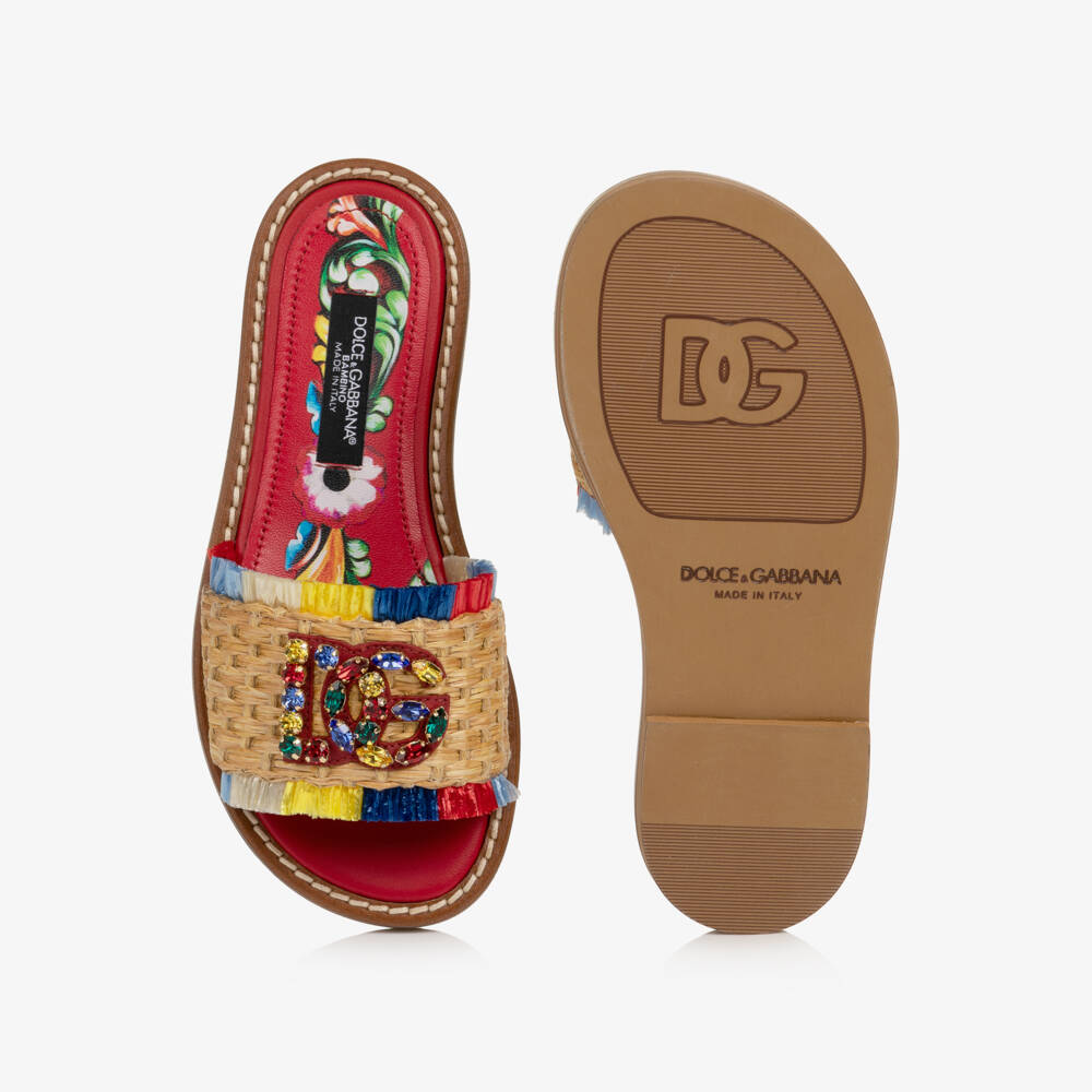 Dolce & Gabbana-Girls Beige Straw Sliders with Jewelled DG Logo | Childrensalon