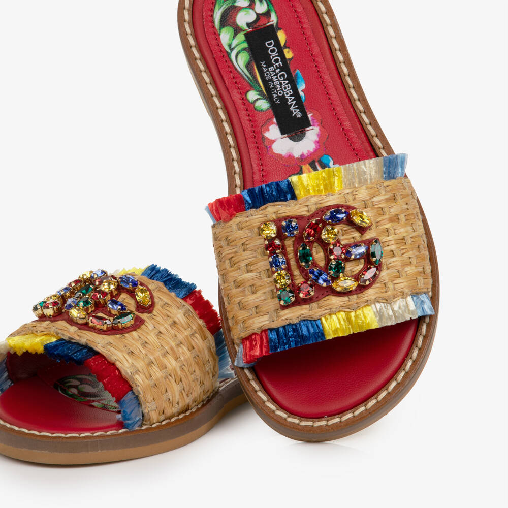 Dolce & Gabbana-Girls Beige Straw Sliders with Jewelled DG Logo | Childrensalon