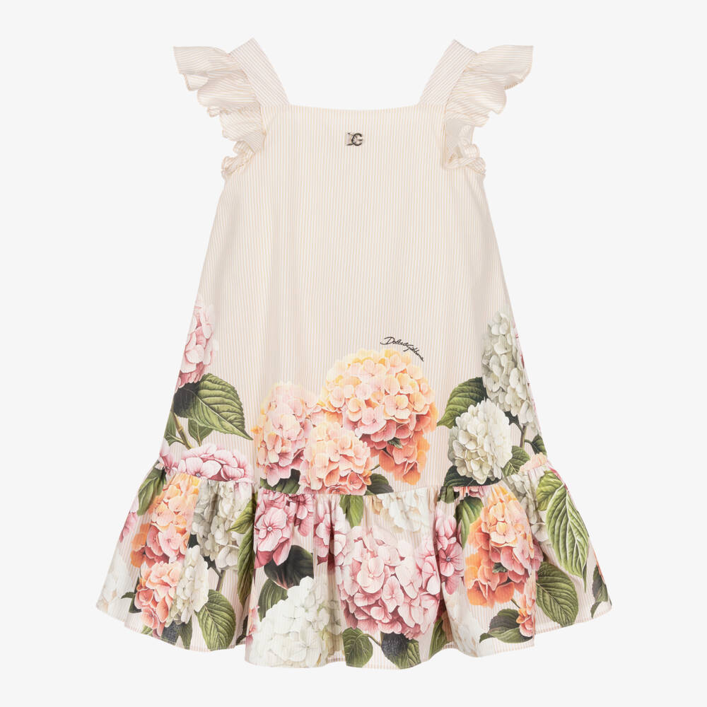 Dolce & Gabbana-Girls Beige Striped Poplin Dress with Hydrangea Print | Childrensalon