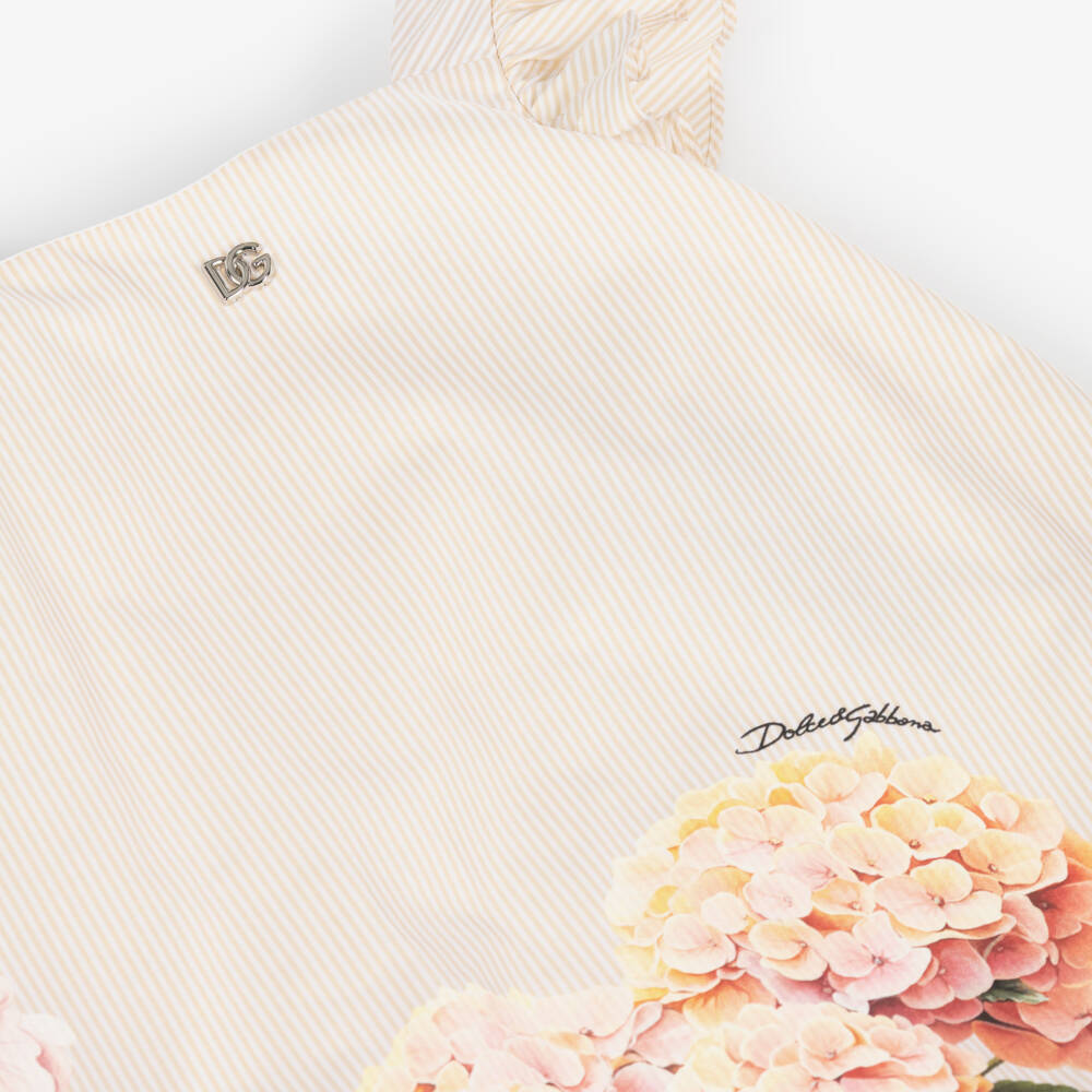 Dolce & Gabbana-Girls Beige Striped Poplin Dress with Hydrangea Print | Childrensalon