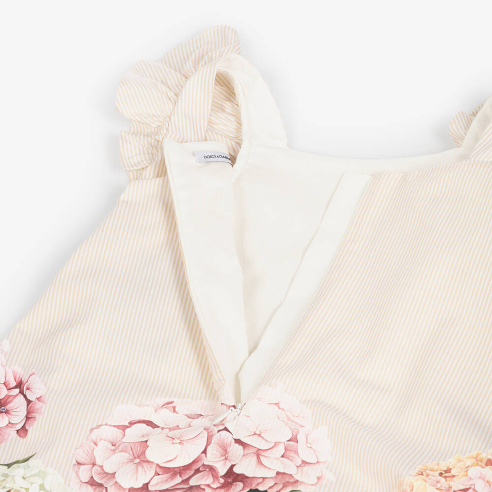 Dolce & Gabbana-Girls Beige Striped Poplin Dress with Hydrangea Print | Childrensalon