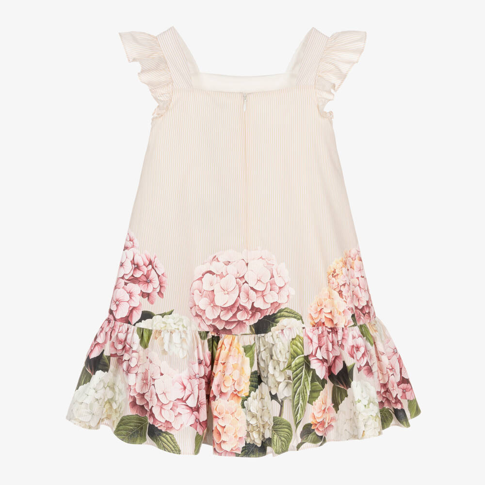 Dolce & Gabbana-Girls Beige Striped Poplin Dress with Hydrangea Print | Childrensalon