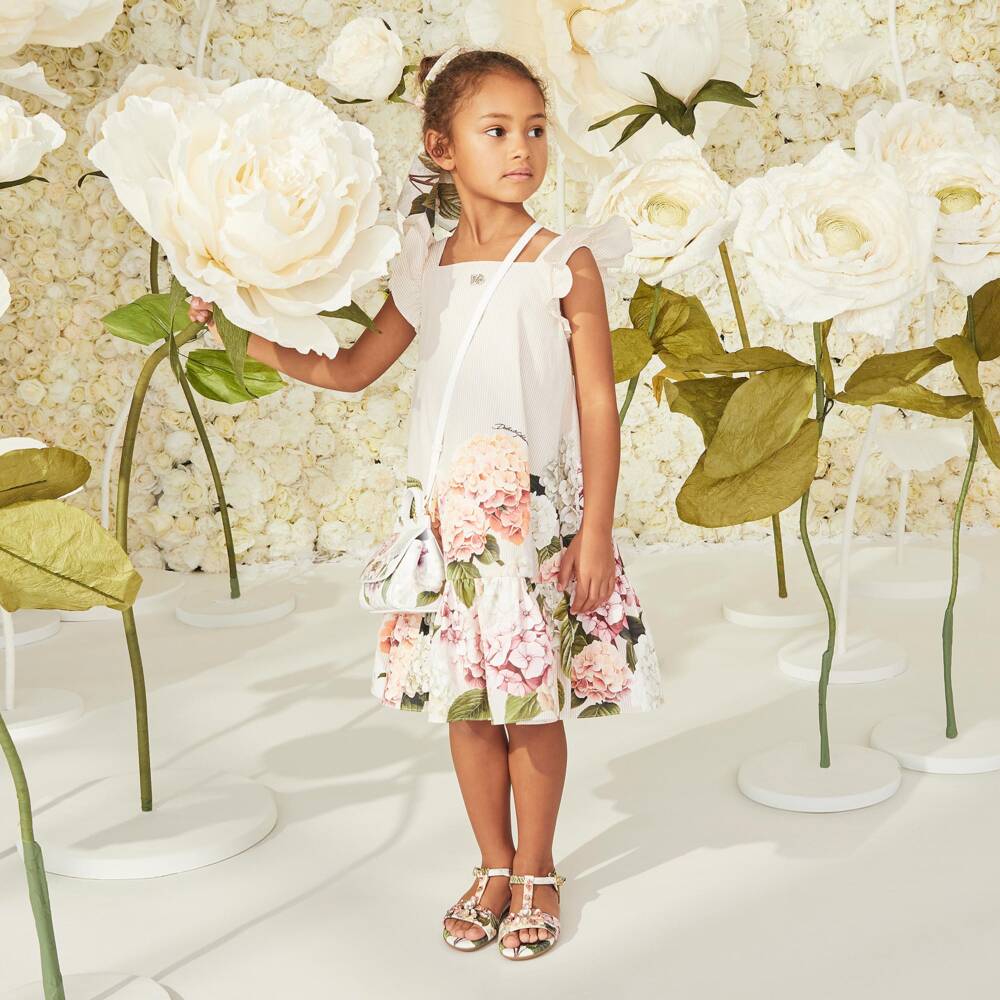 Dolce & Gabbana-Girls Beige Striped Poplin Dress with Hydrangea Print | Childrensalon