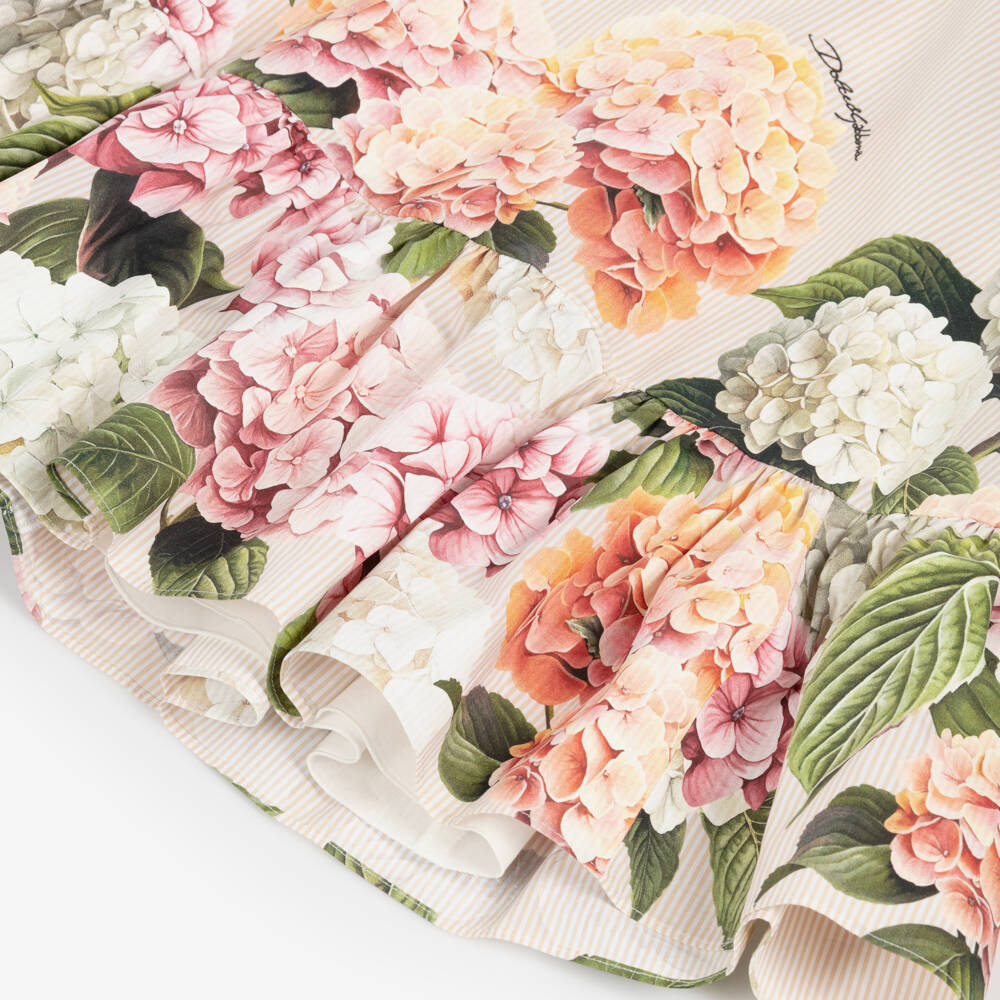 Dolce & Gabbana-Girls Beige Striped Poplin Dress with Hydrangea Print | Childrensalon