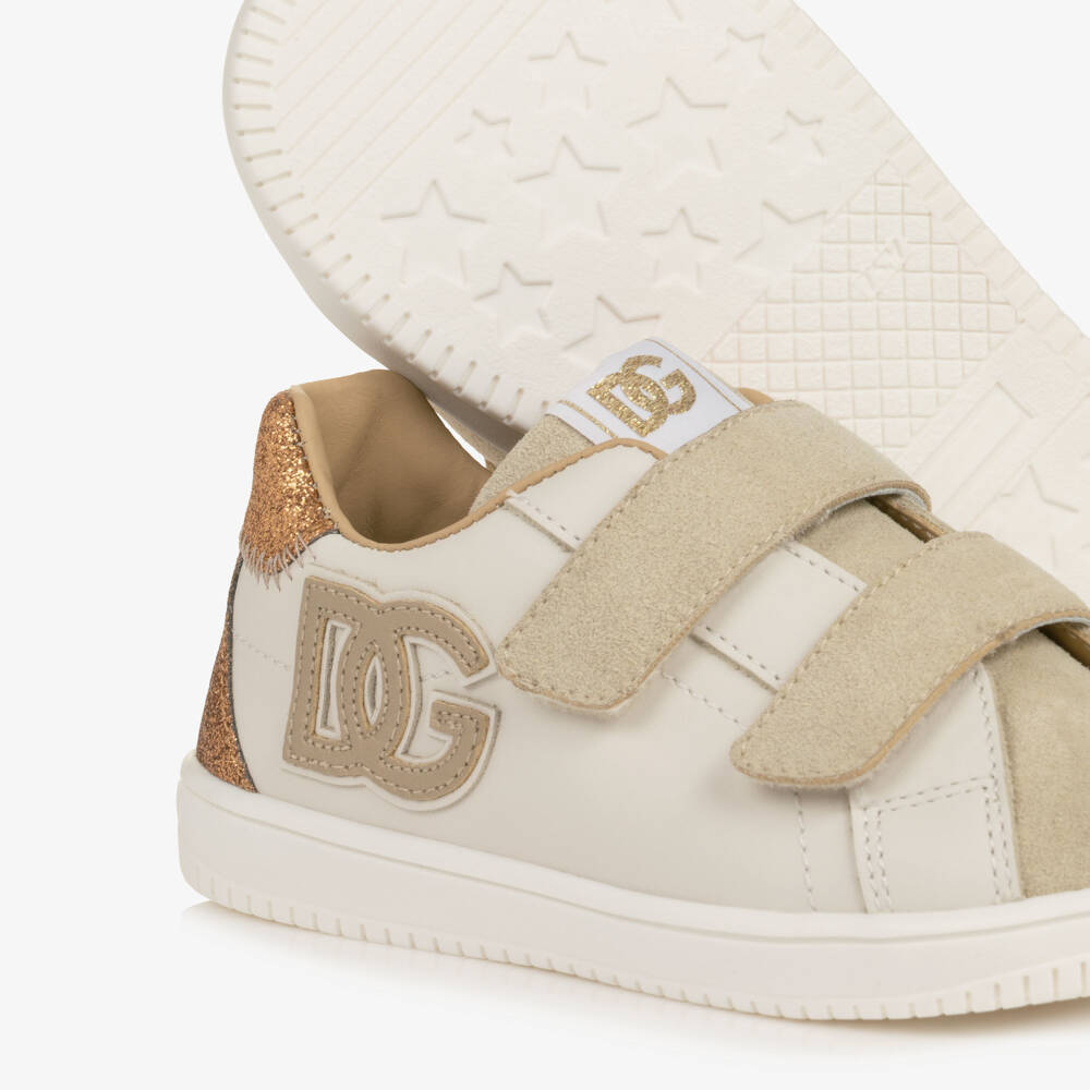 Dolce & Gabbana-Girls Beige & White Leather DG Original Trainers | Childrensalon